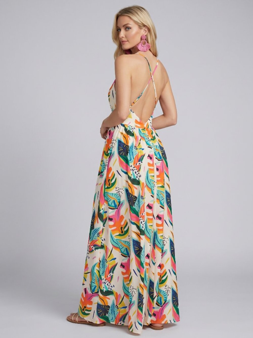 Women's Tropical Floral Backless Maxi Dress Spaghetti Strap Resort Vacation Boho
